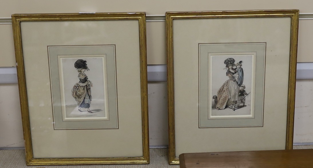 John Collet (1725-1780), two watercolours, Studies of 18th century ladies in elaborate outfits, 12 x 8cm